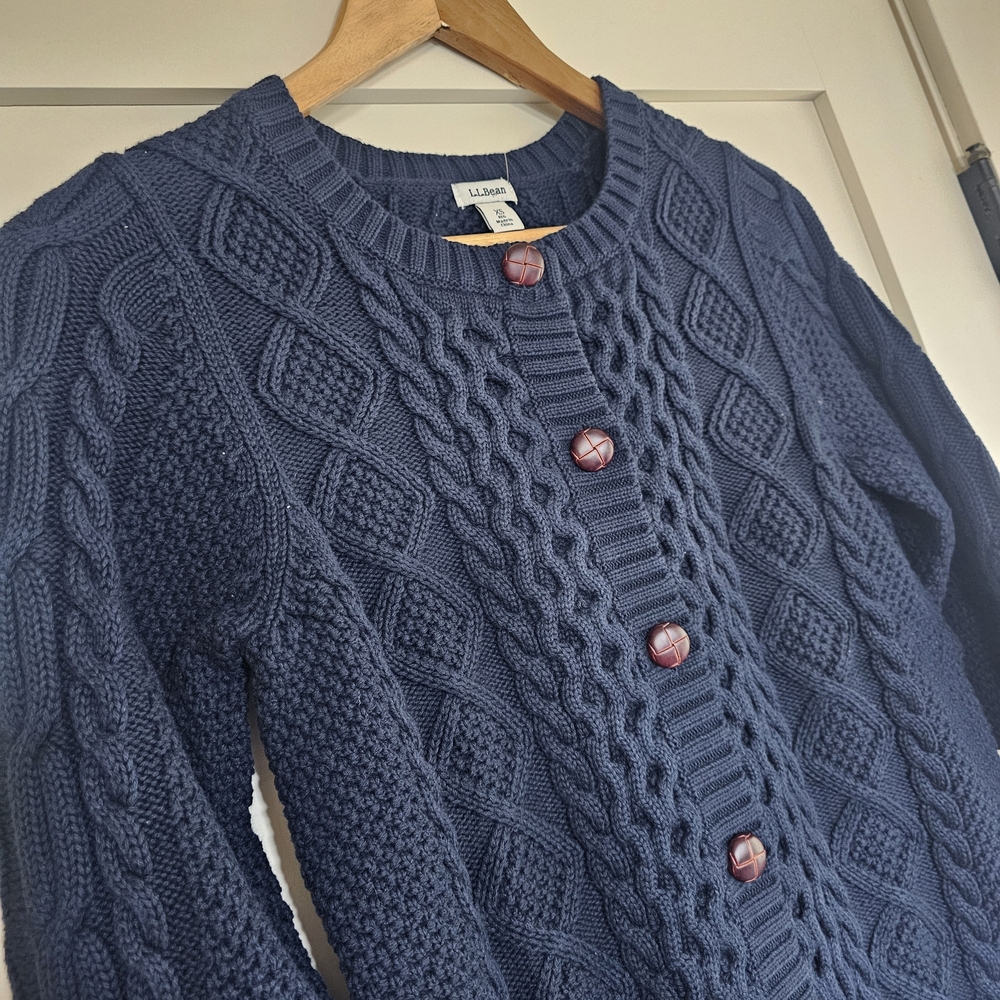 L.L. Bean Navy Blue Cable-Knit Button Front Cardigan